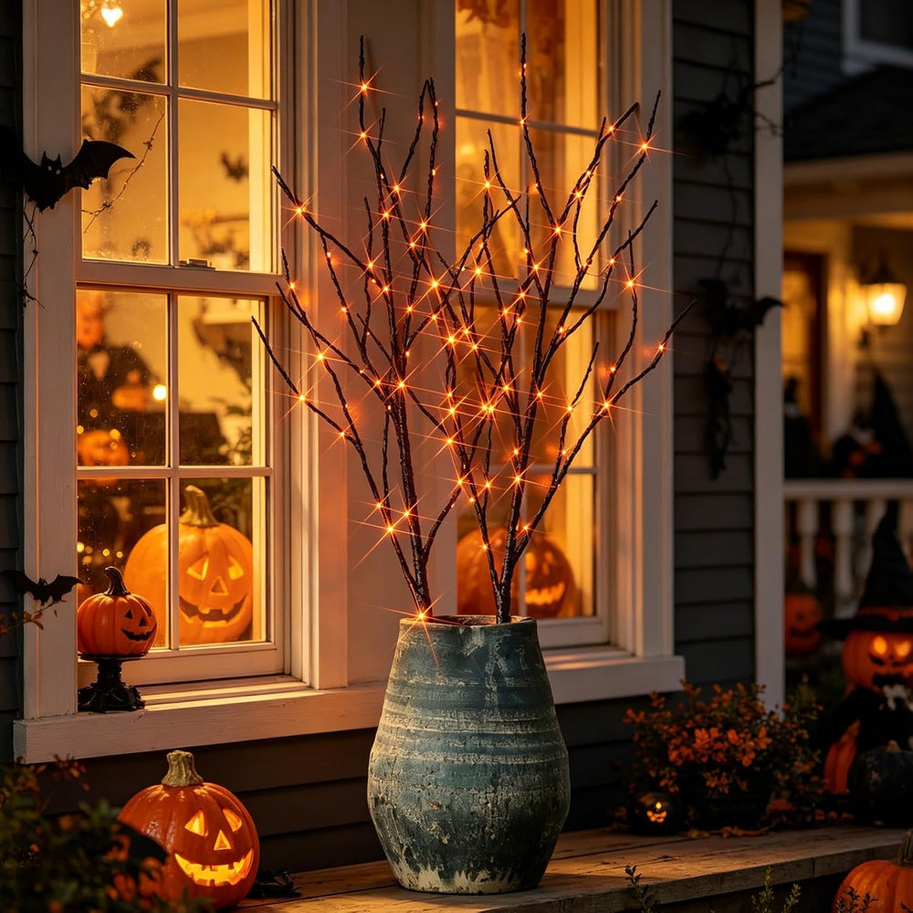 32-Inch Lighted Halloween Tree Branches with Timer, 100 Orange Fairy Lights, Battery Operated Black Twig Branches for Indoor and Outdoor Party Decoration