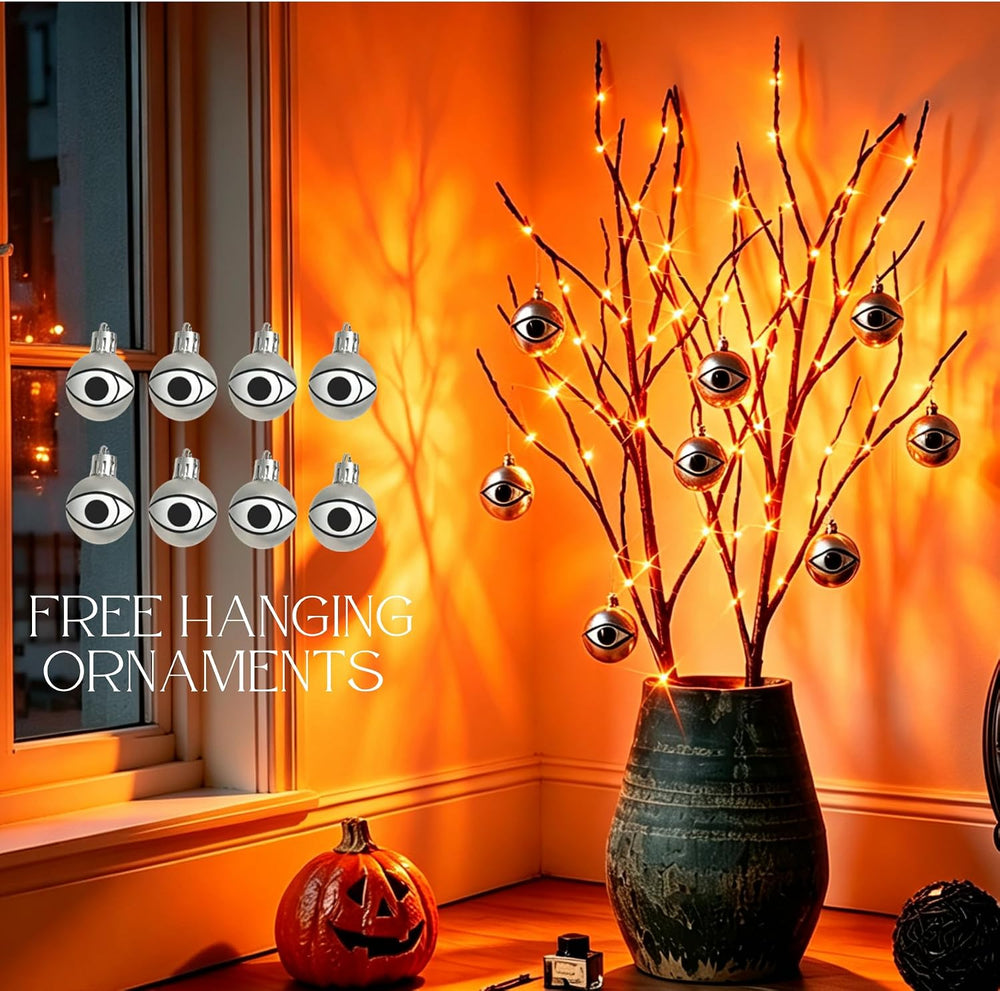 32-Inch Lighted Halloween Tree Branches with Timer, 100 Orange Fairy Lights, Battery Operated Black Twig Branches for Indoor and Outdoor Party Decoration