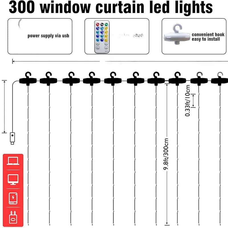 300 LED Warm White Curtain String Lights, 9.8Ft x 9.8Ft, Waterproof with 8 Lighting Modes for Bedroom, Wedding, Christmas, and Garden Decor