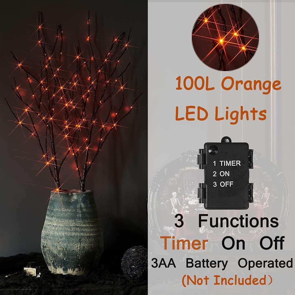 32-Inch Lighted Halloween Tree Branches with Timer, 100 Orange Fairy Lights, Battery Operated Black Twig Branches for Indoor and Outdoor Party Decoration