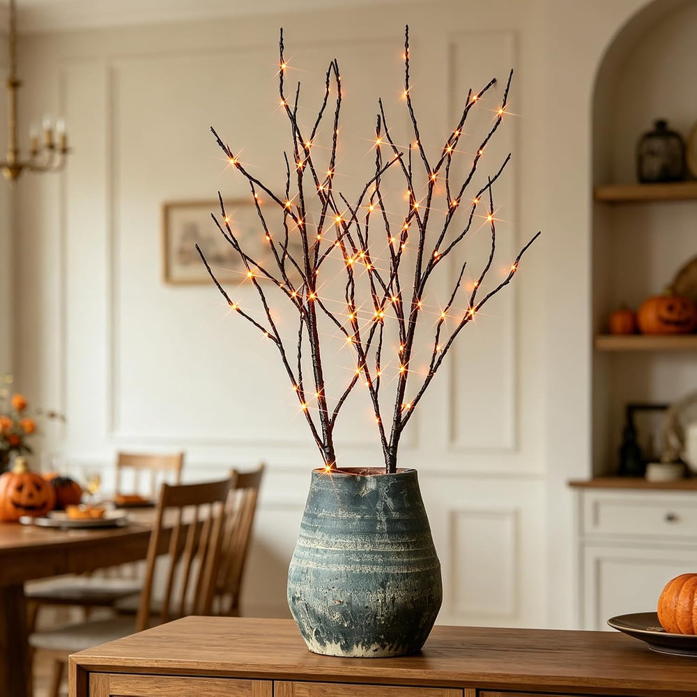 32-Inch Lighted Halloween Tree Branches with Timer, 100 Orange Fairy Lights, Battery Operated Black Twig Branches for Indoor and Outdoor Party Decoration