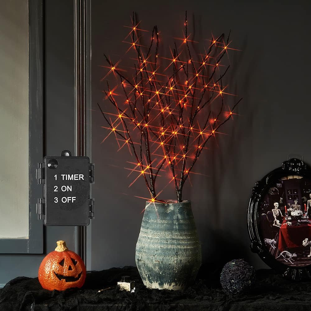 32-Inch Lighted Halloween Tree Branches with Timer, 100 Orange Fairy Lights, Battery Operated Black Twig Branches for Indoor and Outdoor Party Decoration
