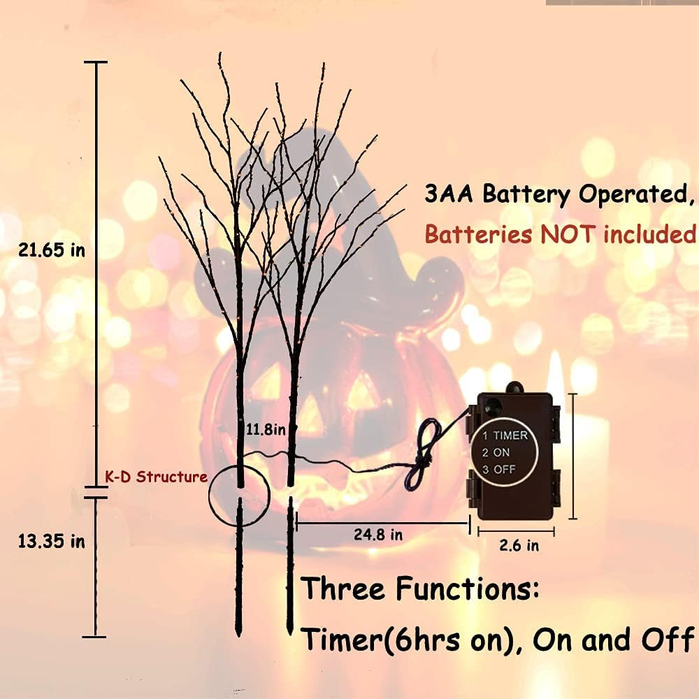 32-Inch Lighted Halloween Tree Branches with Timer, 100 Orange Fairy Lights, Battery Operated Black Twig Branches for Indoor and Outdoor Party Decoration