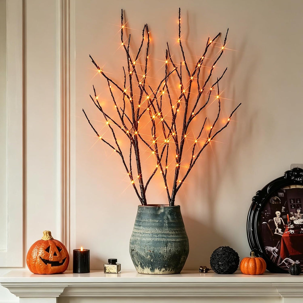 32-Inch Lighted Halloween Tree Branches with Timer, 100 Orange Fairy Lights, Battery Operated Black Twig Branches for Indoor and Outdoor Party Decoration